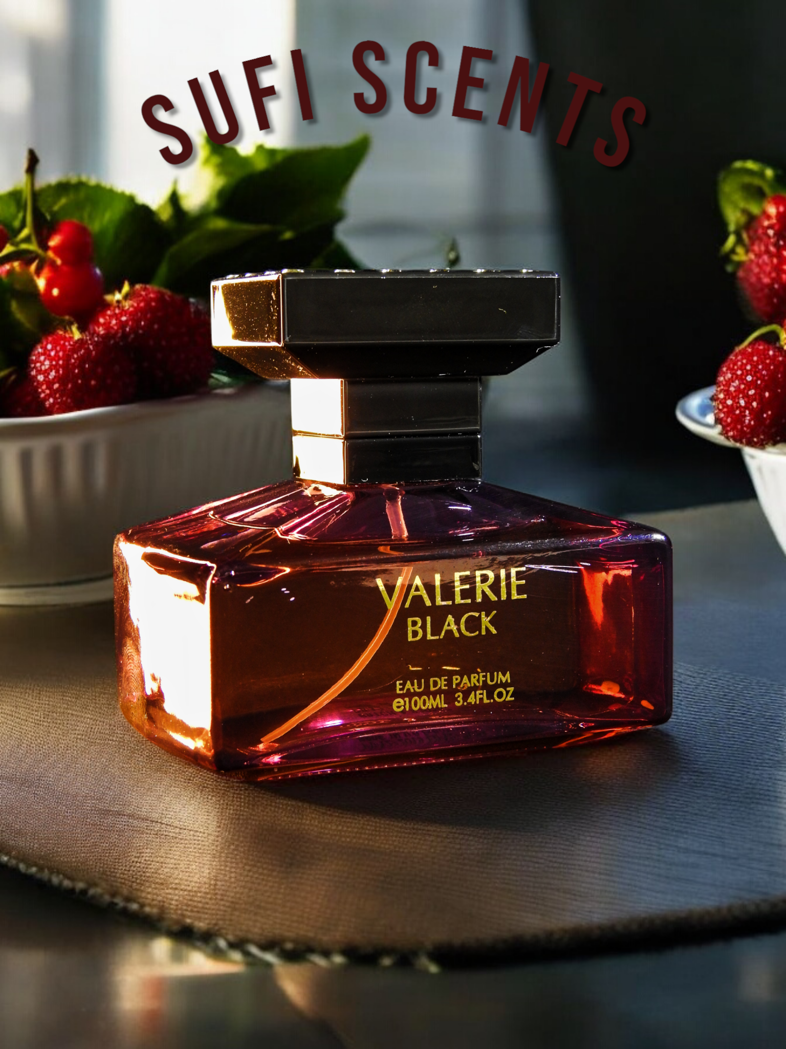 Deep red perfume bottle labelled "Valerie Black" by Sufi Scents, placed beside bowls of strawberries for a fresh and romantic aesthetic.