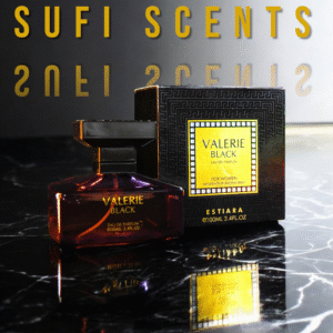 Luxury perfume bottle "Valerie Black" for women by Sufi Scents, with black geometric packaging and gold accents on a marble surface.