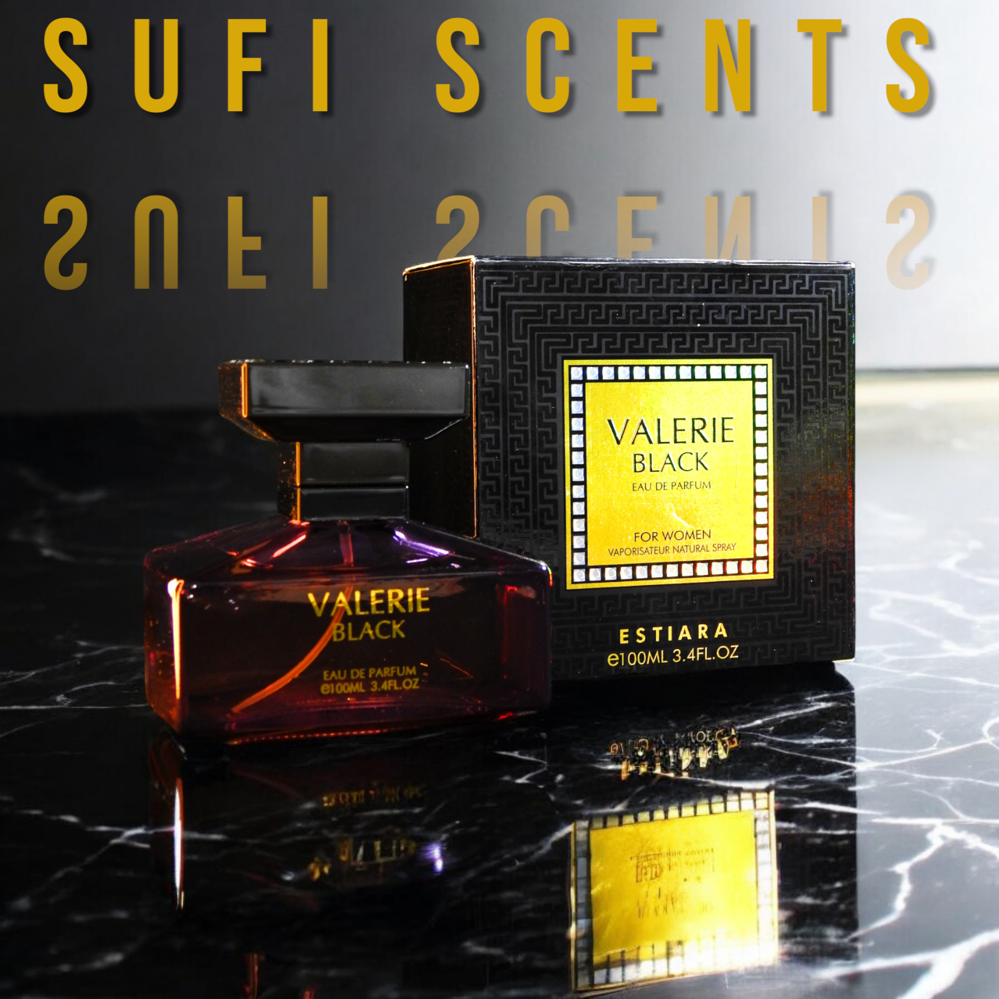 Luxury perfume bottle "Valerie Black" for women by Sufi Scents, with black geometric packaging and gold accents on a marble surface.