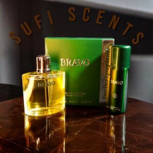 BRAVO Eau de Perfume gift set with green packaging, 100ml perfume bottle, and free 50ml deodorant spray